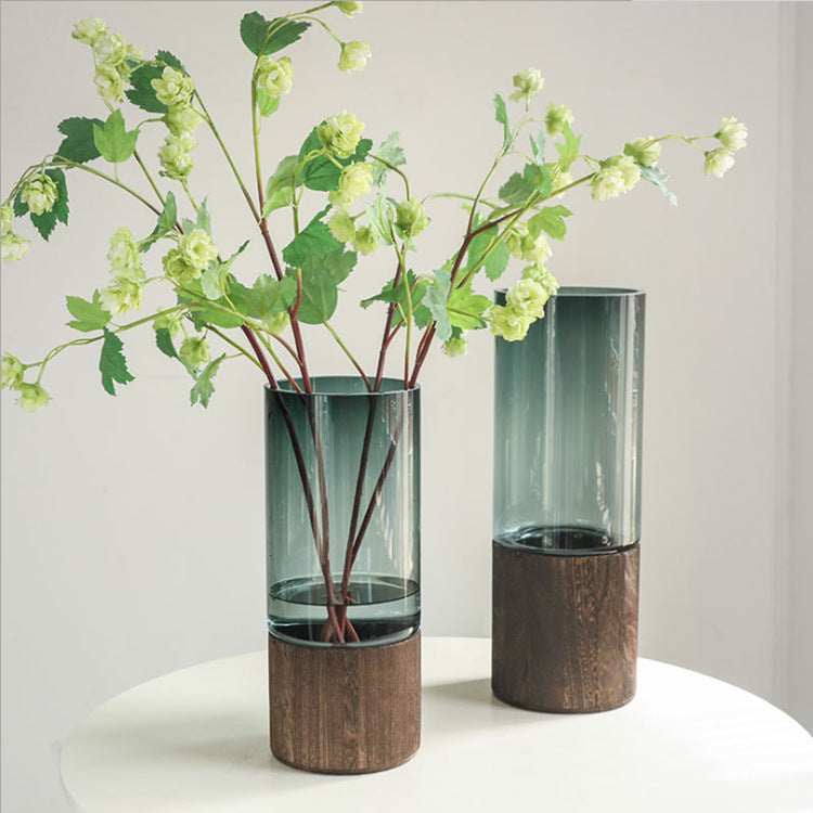 Vase Alto – Verre fumé & socle bois